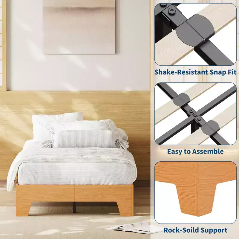 Wooden bed frame, platform bed frame, supported by 4 sturdy wooden slats and 8 metal slats, no headboard, no mattress required, easy to assemble.