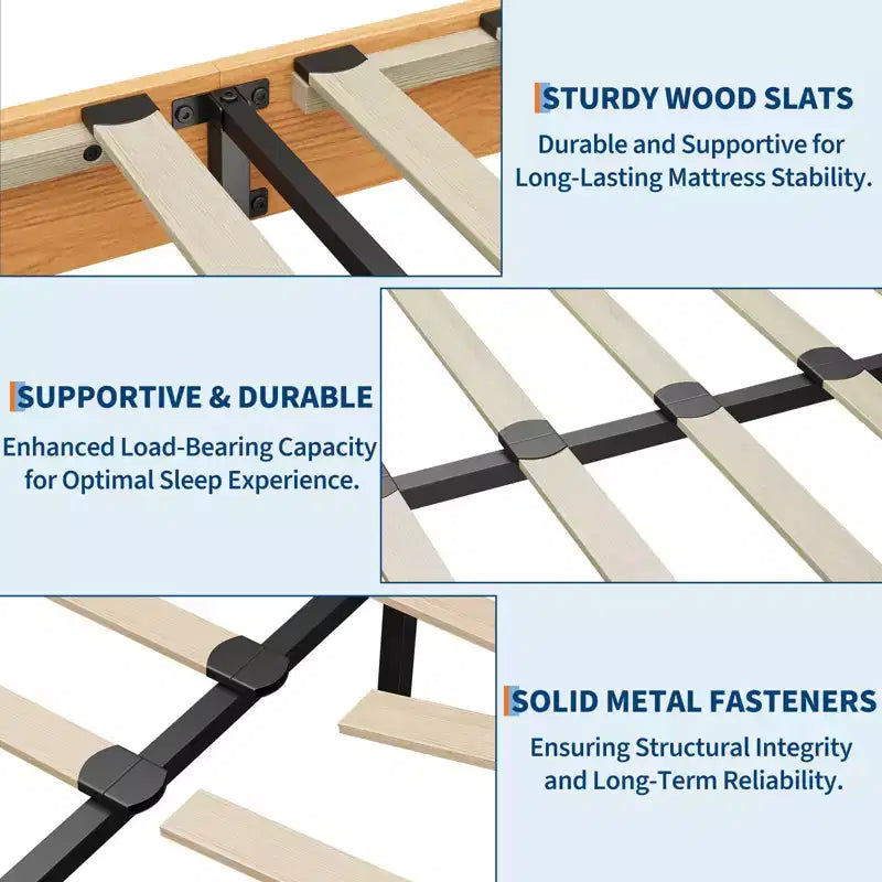 Wooden bed frame, platform bed frame, supported by 4 sturdy wooden slats and 8 metal slats, no headboard, no mattress required, easy to assemble.