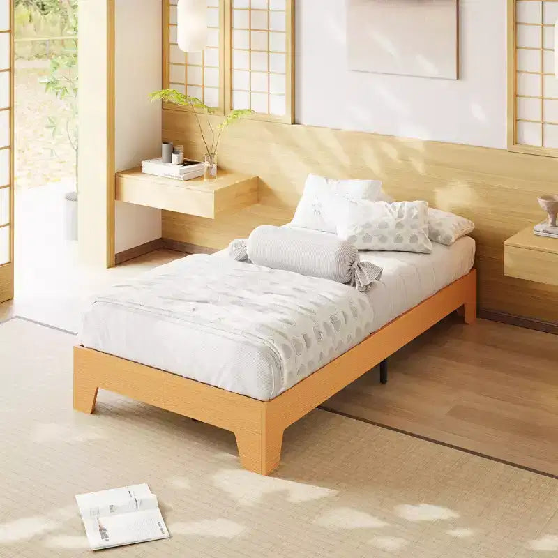 Wooden bed frame, platform bed frame, supported by 4 sturdy wooden slats and 8 metal slats, no headboard, no mattress required, easy to assemble.