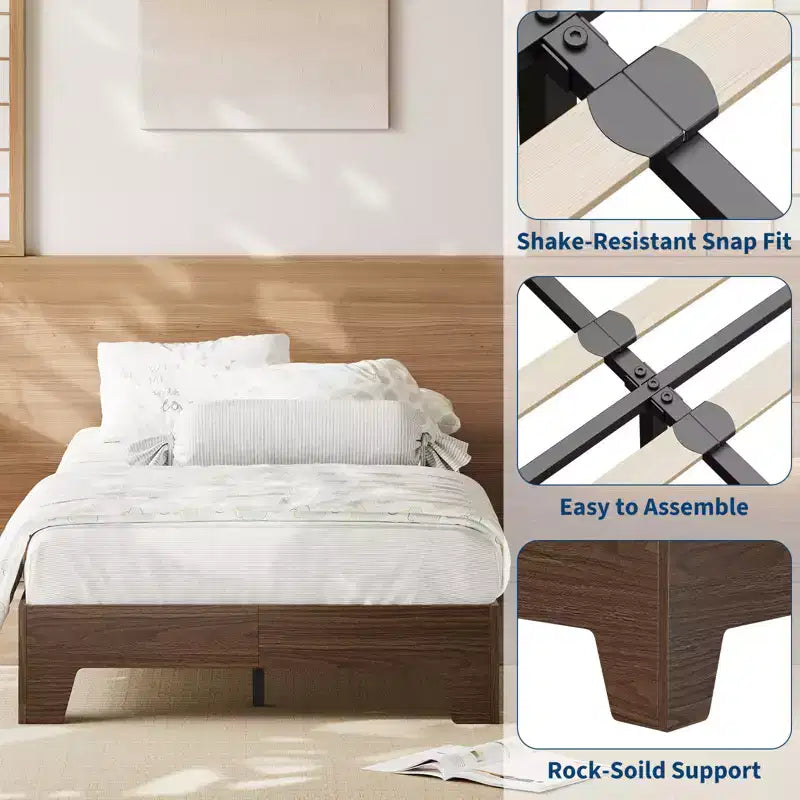 Wooden bed frame, platform bed frame, supported by 4 sturdy wooden slats and 8 metal slats, no headboard, no mattress required, easy to assemble.