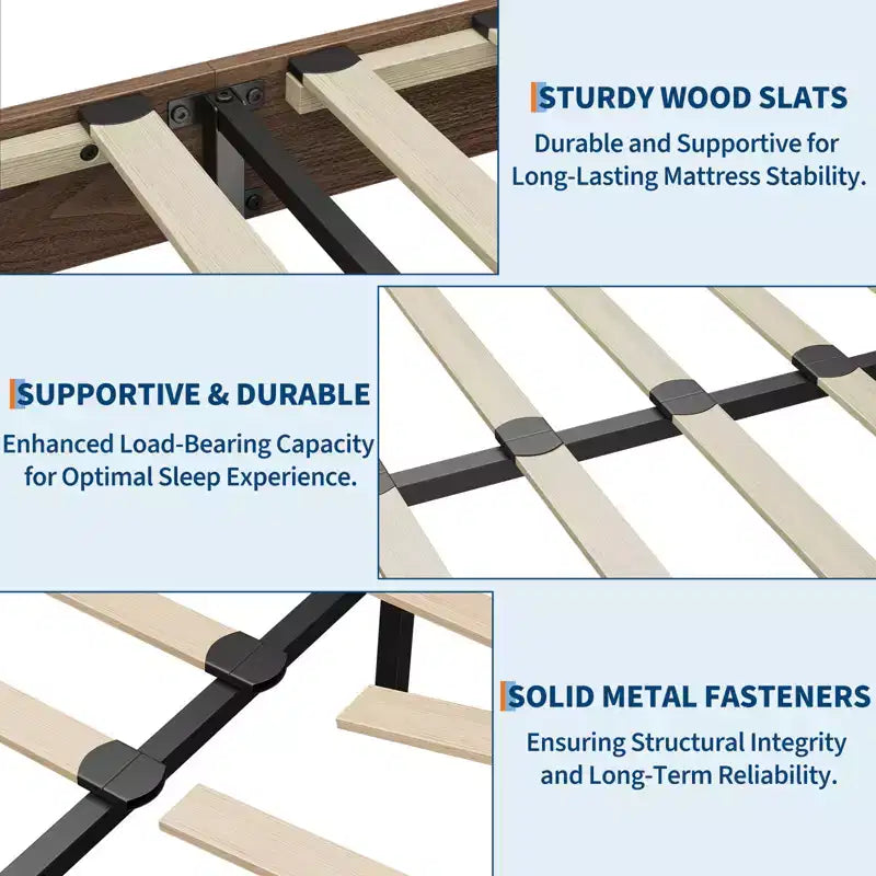 Wooden bed frame, platform bed frame, supported by 4 sturdy wooden slats and 8 metal slats, no headboard, no mattress required, easy to assemble.