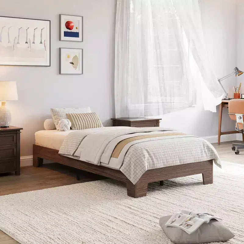 Wooden bed frame, platform bed frame, supported by 4 sturdy wooden slats and 8 metal slats, no headboard, no mattress required, easy to assemble.