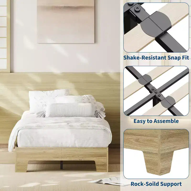 Wooden bed frame, platform bed frame, supported by 4 sturdy wooden slats and 8 metal slats, no headboard, no mattress required, easy to assemble.