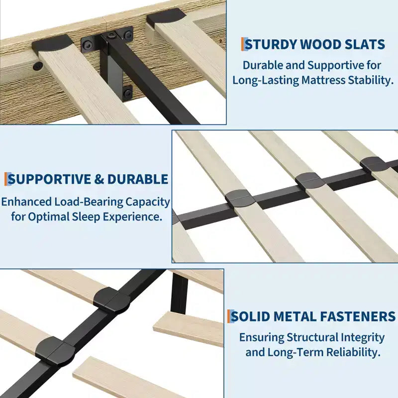 Wooden bed frame, platform bed frame, supported by 4 sturdy wooden slats and 8 metal slats, no headboard, no mattress required, easy to assemble.