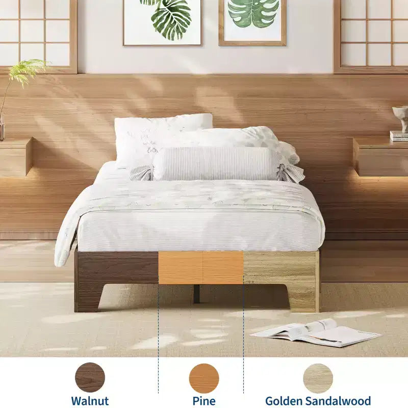 Wooden bed frame, platform bed frame, supported by 4 sturdy wooden slats and 8 metal slats, no headboard, no mattress required, easy to assemble.