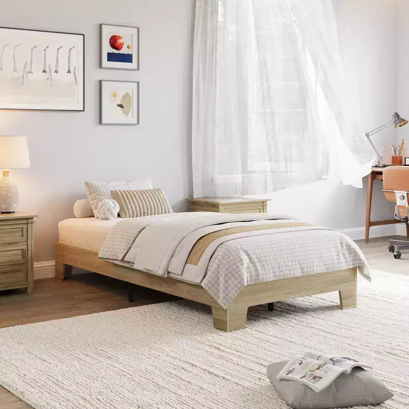 Wooden bed frame, platform bed frame, supported by 4 sturdy wooden slats and 8 metal slats, no headboard, no mattress required, easy to assemble.