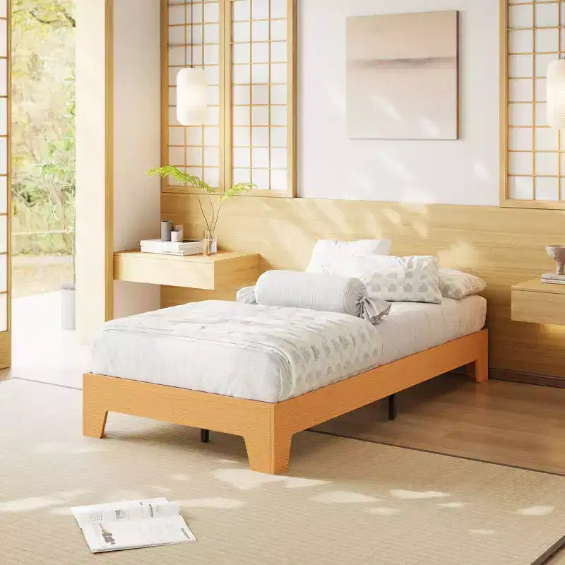 Wooden bed frame, platform bed frame, supported by 4 sturdy wooden slats and 8 metal slats, no headboard, no mattress required, easy to assemble.