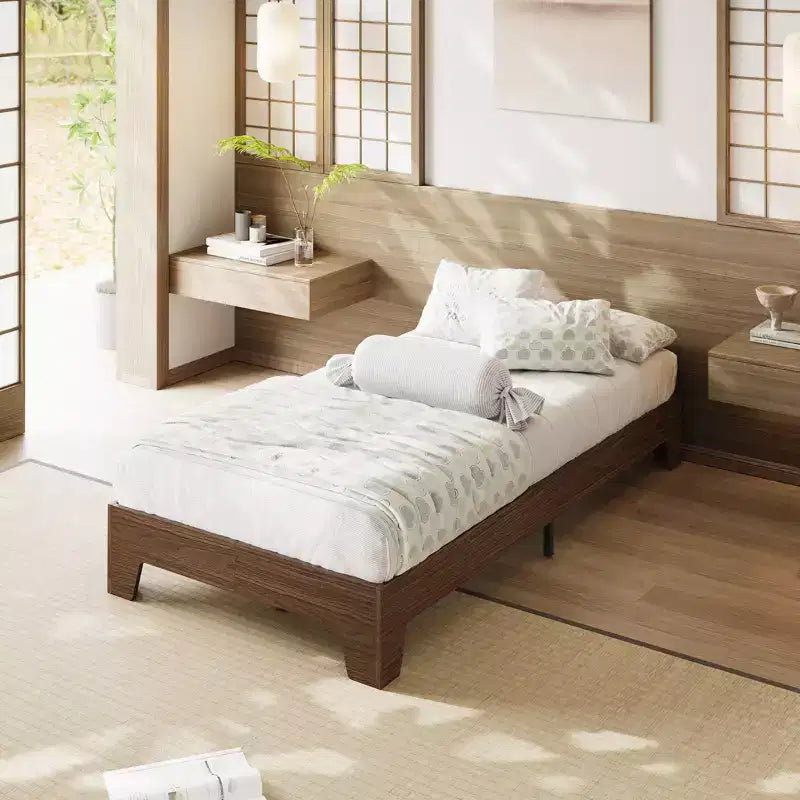 Wooden bed frame, platform bed frame, supported by 4 sturdy wooden slats and 8 metal slats, no headboard, no mattress required, easy to assemble.