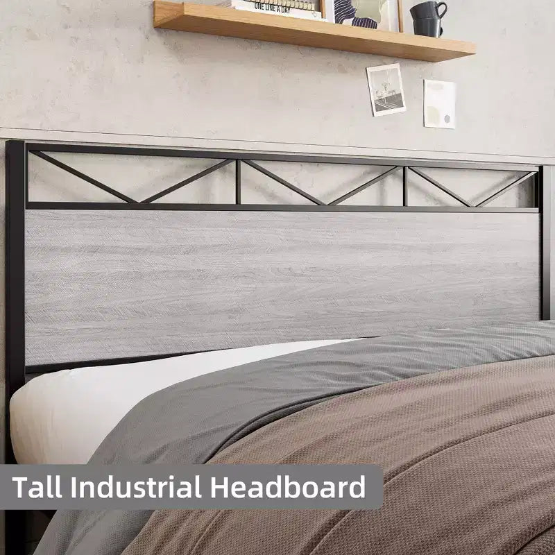 King Size Bed FrameMetal Platform Bed Frame with Headboard and FootboardNo NoiseNo Box Spring RequiredEasy to Assemble