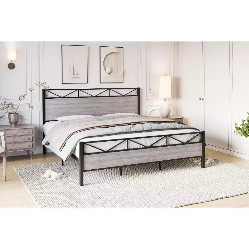 King Size Bed FrameMetal Platform Bed Frame with Headboard and FootboardNo NoiseNo Box Spring RequiredEasy to Assemble