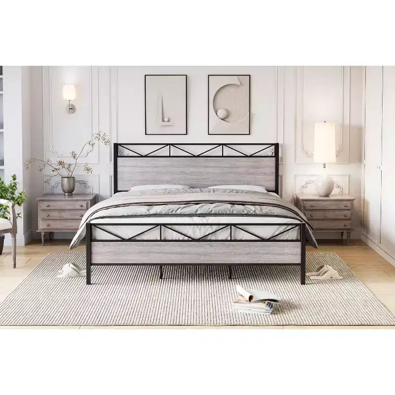 King Size Bed FrameMetal Platform Bed Frame with Headboard and FootboardNo NoiseNo Box Spring RequiredEasy to Assemble