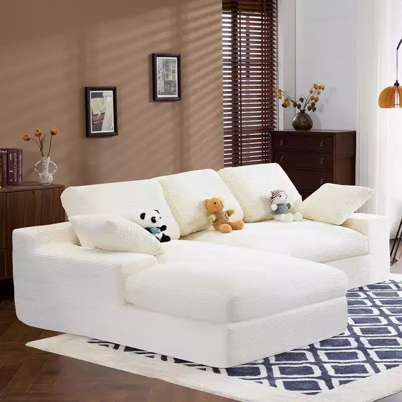 White Corduroy Comfy Sofa w/ 5 Cushions  Cozy Living Room Essential