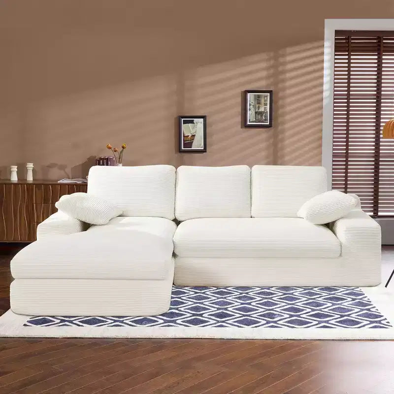 White Corduroy Comfy Sofa w/ 5 Cushions  Cozy Living Room Essential