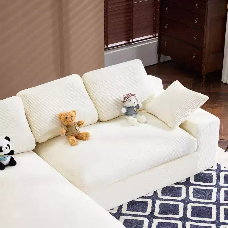 White Corduroy Comfy Sofa w/ 5 Cushions  Cozy Living Room Essential
