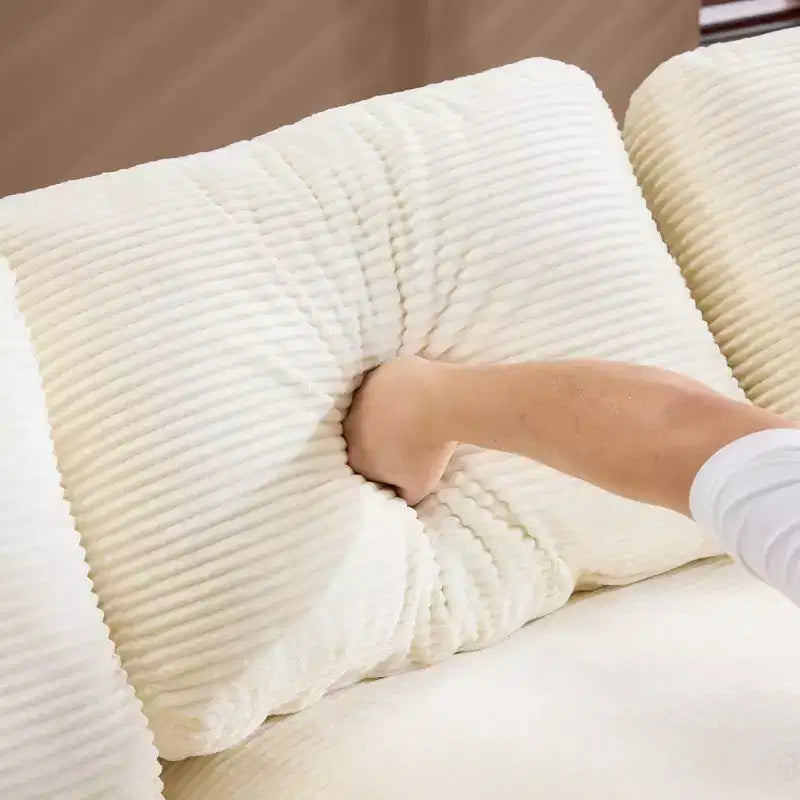 White Corduroy Comfy Sofa w/ 5 Cushions  Cozy Living Room Essential