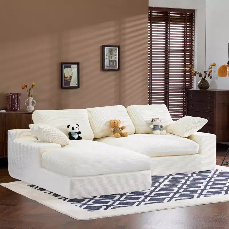 White Corduroy Comfy Sofa w/ 5 Cushions  Cozy Living Room Essential