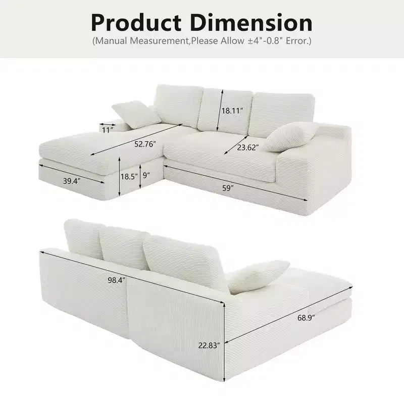 White Corduroy Comfy Sofa w/ 5 Cushions  Cozy Living Room Essential