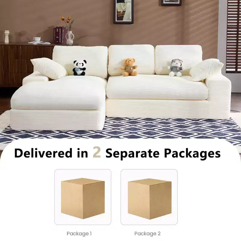 White Corduroy Comfy Sofa w/ 5 Cushions  Cozy Living Room Essential
