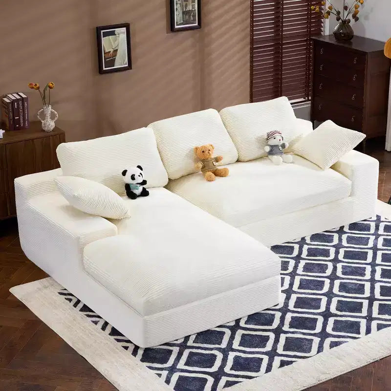 White Corduroy Comfy Sofa w/ 5 Cushions  Cozy Living Room Essential