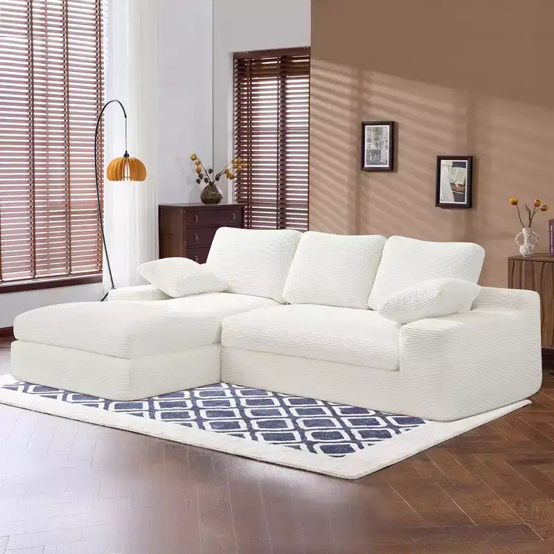 White Corduroy Comfy Sofa w/ 5 Cushions  Cozy Living Room Essential