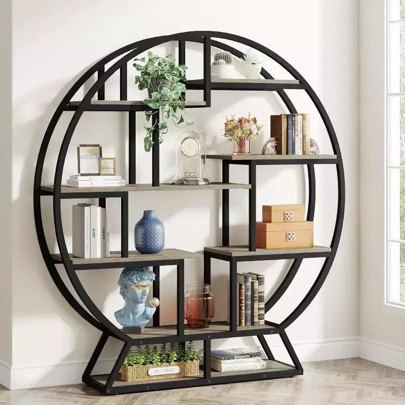 63 Inch Industrial Wood Bookcase with Staggered Shelves, Shelving Organizer Rack Display Shelf for Home Office, Living Room, Grey