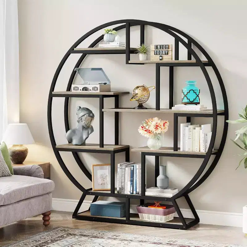 63 Inch Industrial Wood Bookcase with Staggered Shelves, Shelving Organizer Rack Display Shelf for Home Office, Living Room, Grey