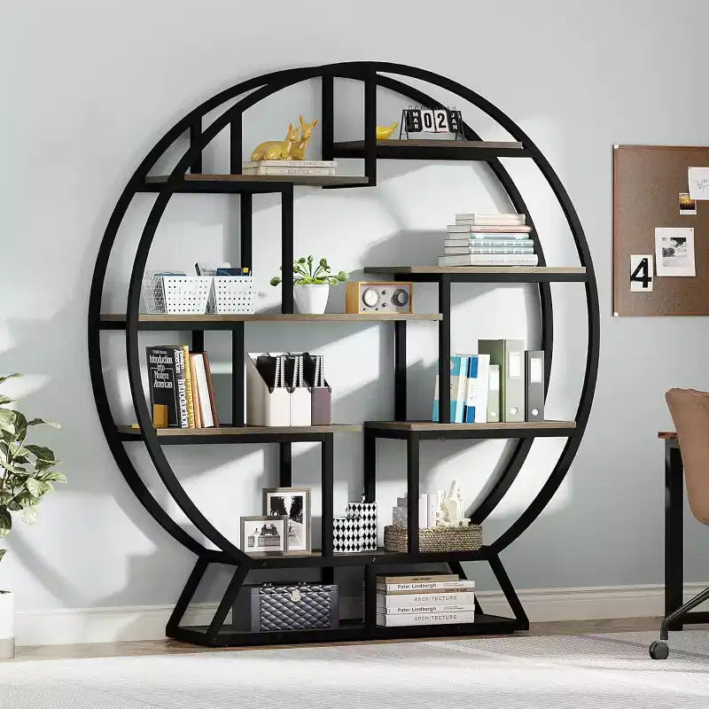 63 Inch Industrial Wood Bookcase with Staggered Shelves, Shelving Organizer Rack Display Shelf for Home Office, Living Room, Grey