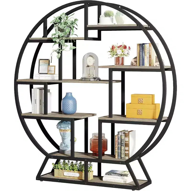 63 Inch Industrial Wood Bookcase with Staggered Shelves, Shelving Organizer Rack Display Shelf for Home Office, Living Room, Grey