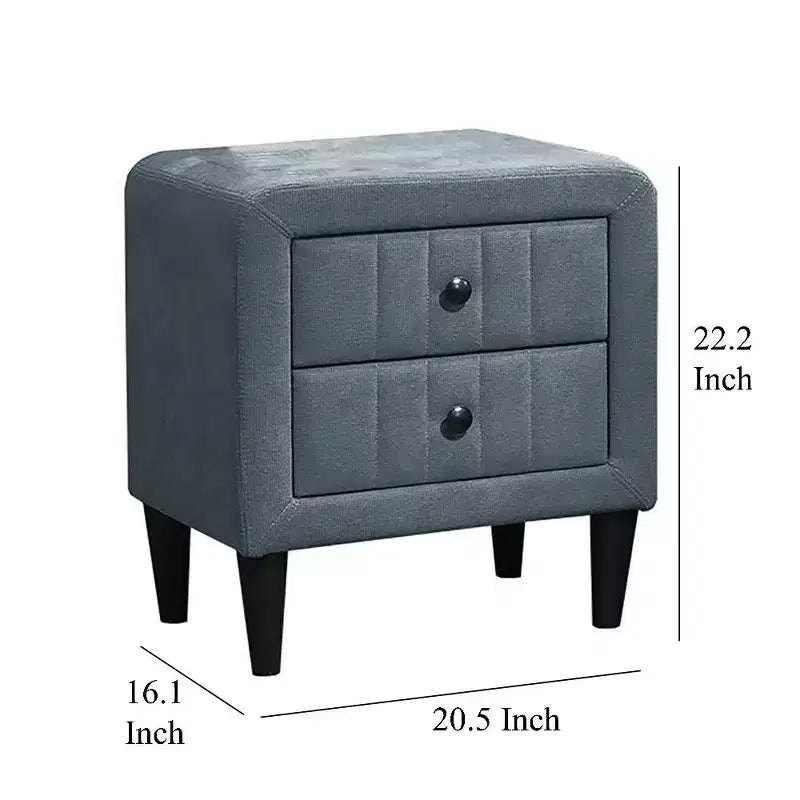 Nightstand, 2 Drawer, 22 Inch, Slate Gray Brushed Linen Upholstery