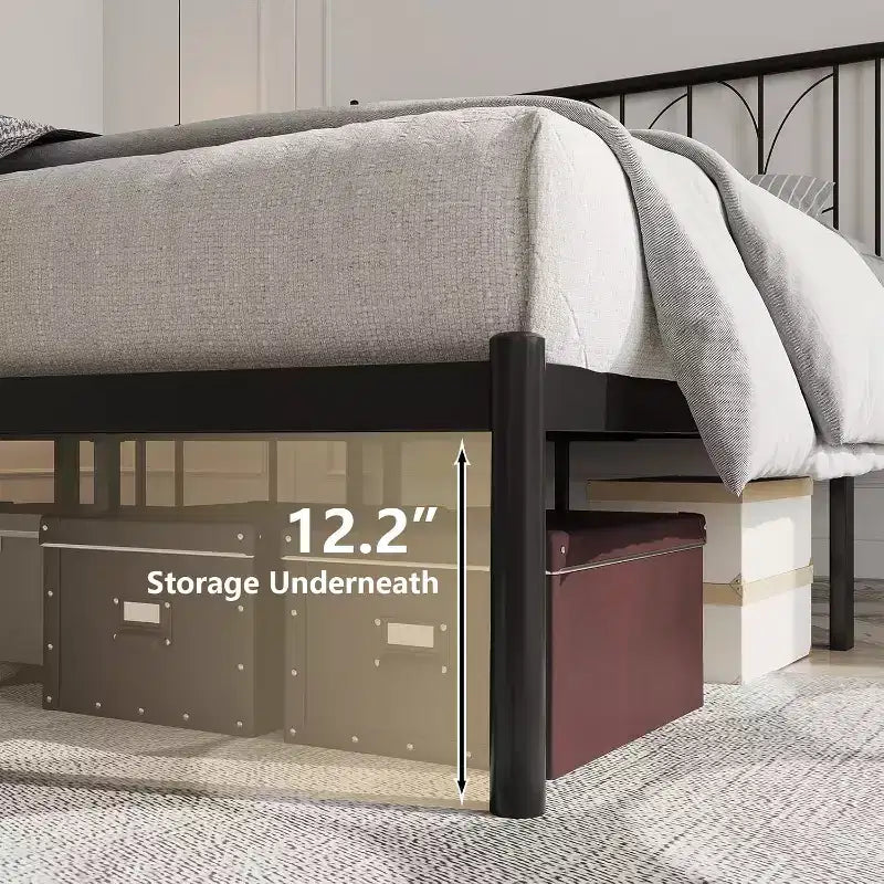 Metal Platform Bed Frame with Headboard, No Box Spring Needed, Mattress Foundation with Under Bed Storage