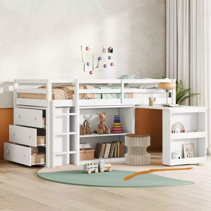 Twin Loft Bed with Drawer Cabinet, Shelf Cabinet and Pull-Out Desk, Rubber Wood Loft Bed with Guardrail Ladder White