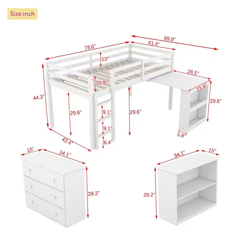 Twin Loft Bed with Drawer Cabinet, Shelf Cabinet and Pull-Out Desk, Rubber Wood Loft Bed with Guardrail Ladder White