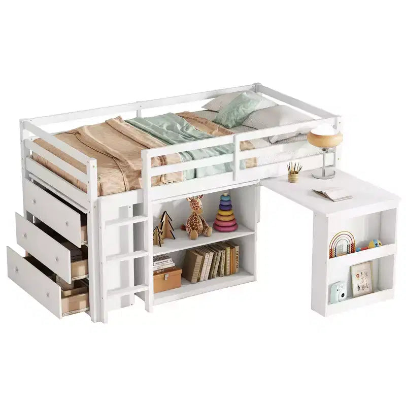 Twin Loft Bed with Drawer Cabinet, Shelf Cabinet and Pull-Out Desk, Rubber Wood Loft Bed with Guardrail Ladder White