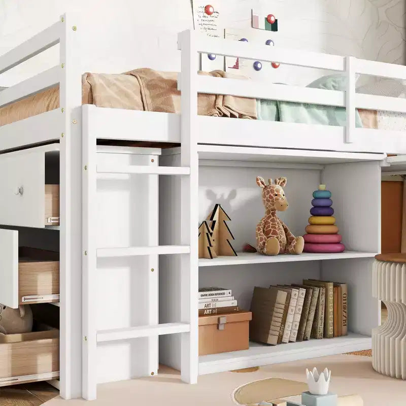 Twin Loft Bed with Drawer Cabinet, Shelf Cabinet and Pull-Out Desk, Rubber Wood Loft Bed with Guardrail Ladder White