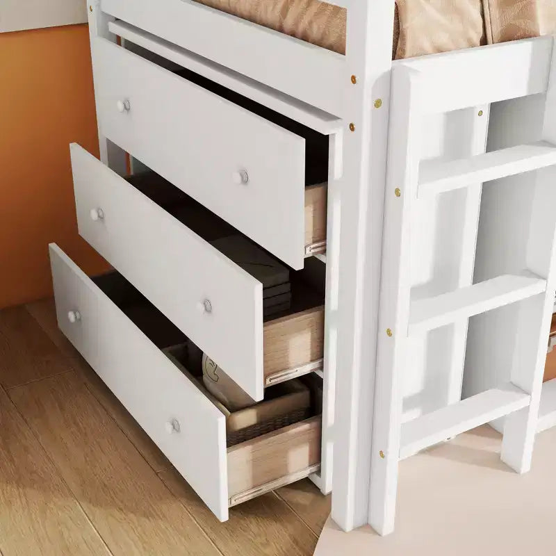 Twin Loft Bed with Drawer Cabinet, Shelf Cabinet and Pull-Out Desk, Rubber Wood Loft Bed with Guardrail Ladder White
