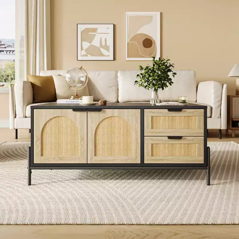 2 Drawers Storage Cabinet Rattan Coffee Table,Open Shelf for Home Office,