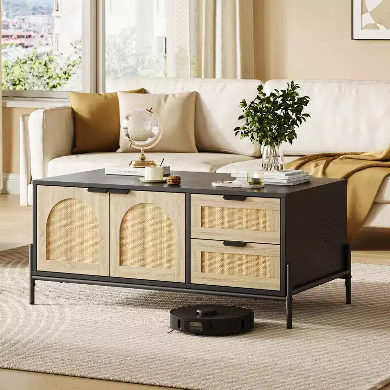2 Drawers Storage Cabinet Rattan Coffee Table,Open Shelf for Home Office,