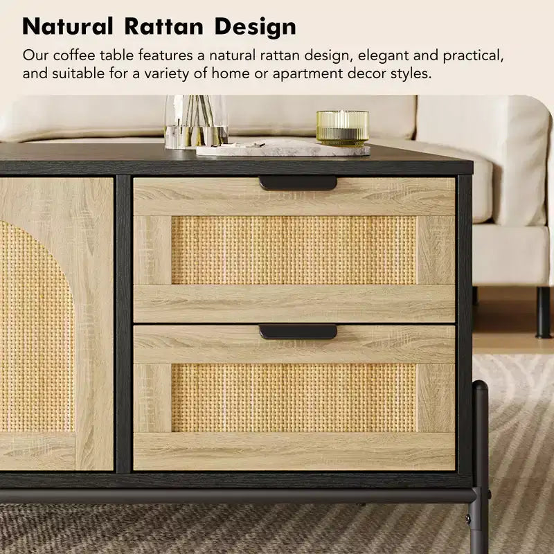 2 Drawers Storage Cabinet Rattan Coffee Table,Open Shelf for Home Office,