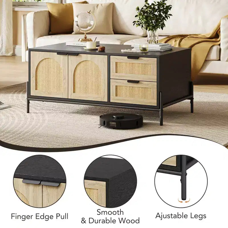 2 Drawers Storage Cabinet Rattan Coffee Table,Open Shelf for Home Office,