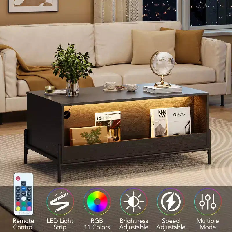 2 Drawers Storage Cabinet Rattan Coffee Table,Open Shelf for Home Office,