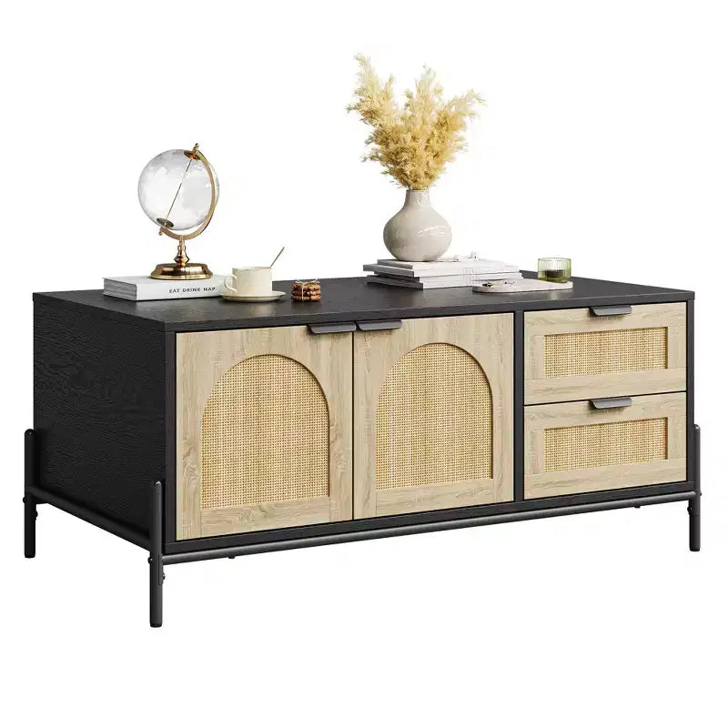 2 Drawers Storage Cabinet Rattan Coffee Table,Open Shelf for Home Office,