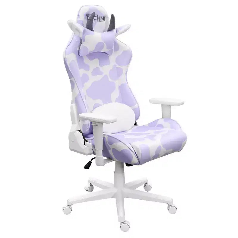 Lavender Print Gaming Chair with Cow Ear Headrest and Lumbar Pillow