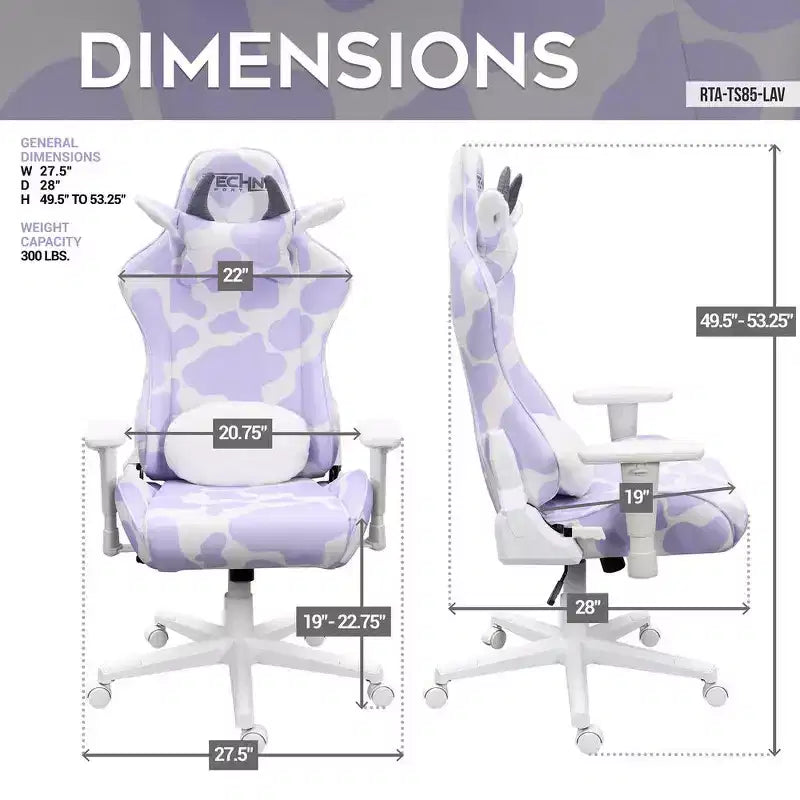 Lavender Print Gaming Chair with Cow Ear Headrest and Lumbar Pillow
