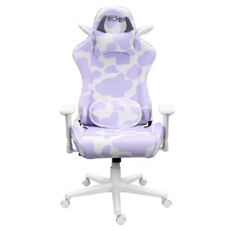 Lavender Print Gaming Chair with Cow Ear Headrest and Lumbar Pillow