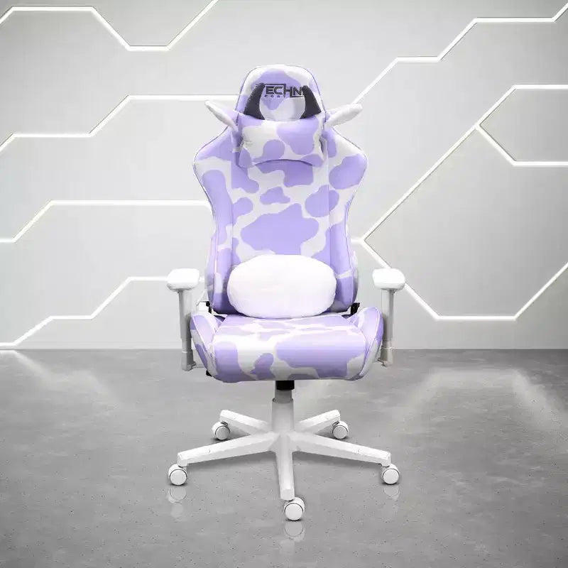 Lavender Print Gaming Chair with Cow Ear Headrest and Lumbar Pillow