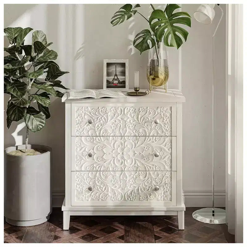 COZAYH 3-Drawer Flower Motif Dresser for Home & Bedroom, Fully Assembled, White