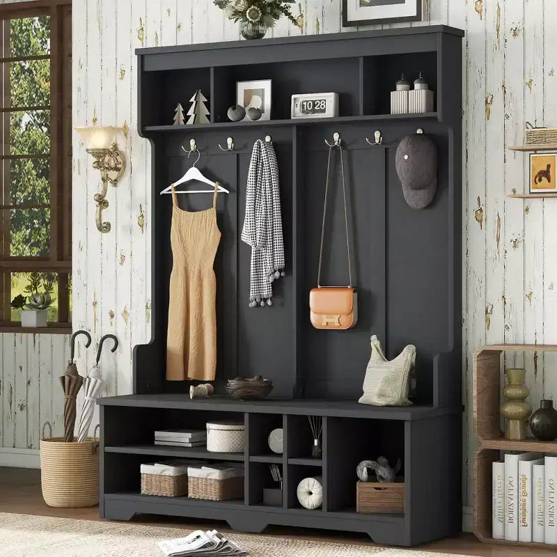 Okak Modern Hall Tree with 6 Metal Hooks and Ample Storage, Coat Rack with Shoe Cubbies and Bench, Coat Tree for Living Room, Entryway, Black
