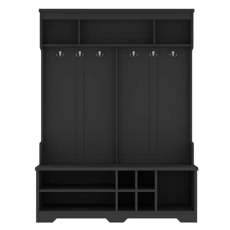 Okak Modern Hall Tree with 6 Metal Hooks and Ample Storage, Coat Rack with Shoe Cubbies and Bench, Coat Tree for Living Room, Entryway, Black