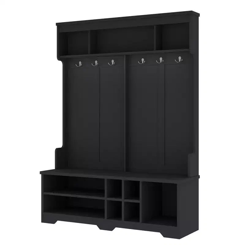 Okak Modern Hall Tree with 6 Metal Hooks and Ample Storage, Coat Rack with Shoe Cubbies and Bench, Coat Tree for Living Room, Entryway, Black