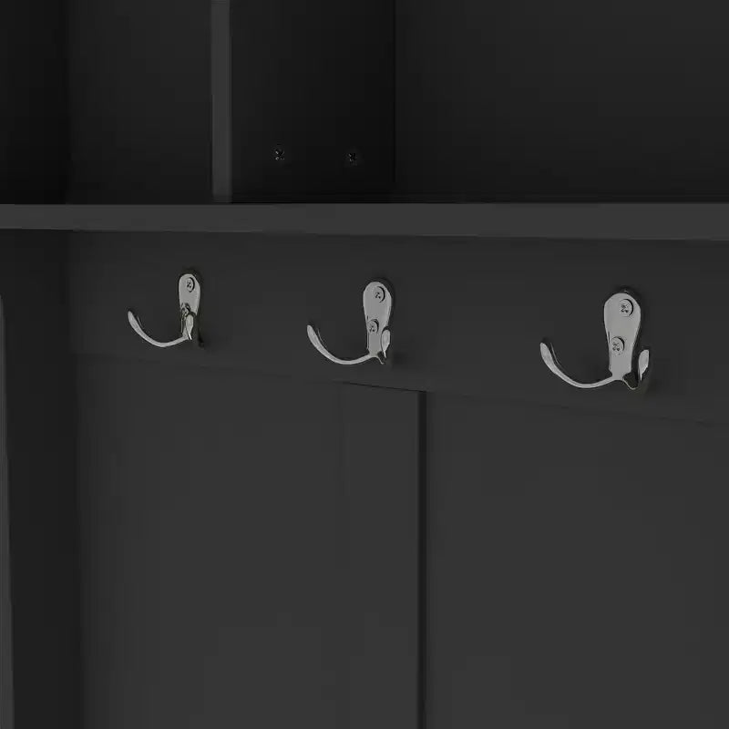 Okak Modern Hall Tree with 6 Metal Hooks and Ample Storage, Coat Rack with Shoe Cubbies and Bench, Coat Tree for Living Room, Entryway, Black